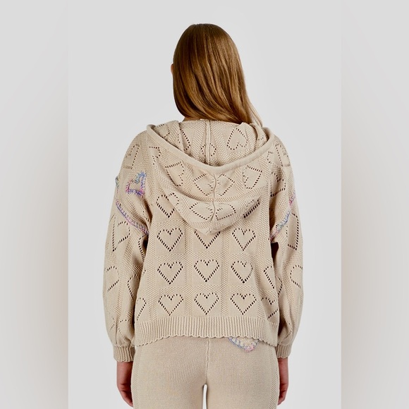 New! LoveShackFancy Beige Tan Heart Knit Embroidered Sweater 💗 Medium - Picture 4 of 6